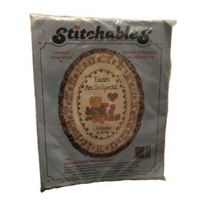 Counted Cross Stitch Kit Special Baby Birth Record, Oval 5x7”By Stitchables NOS